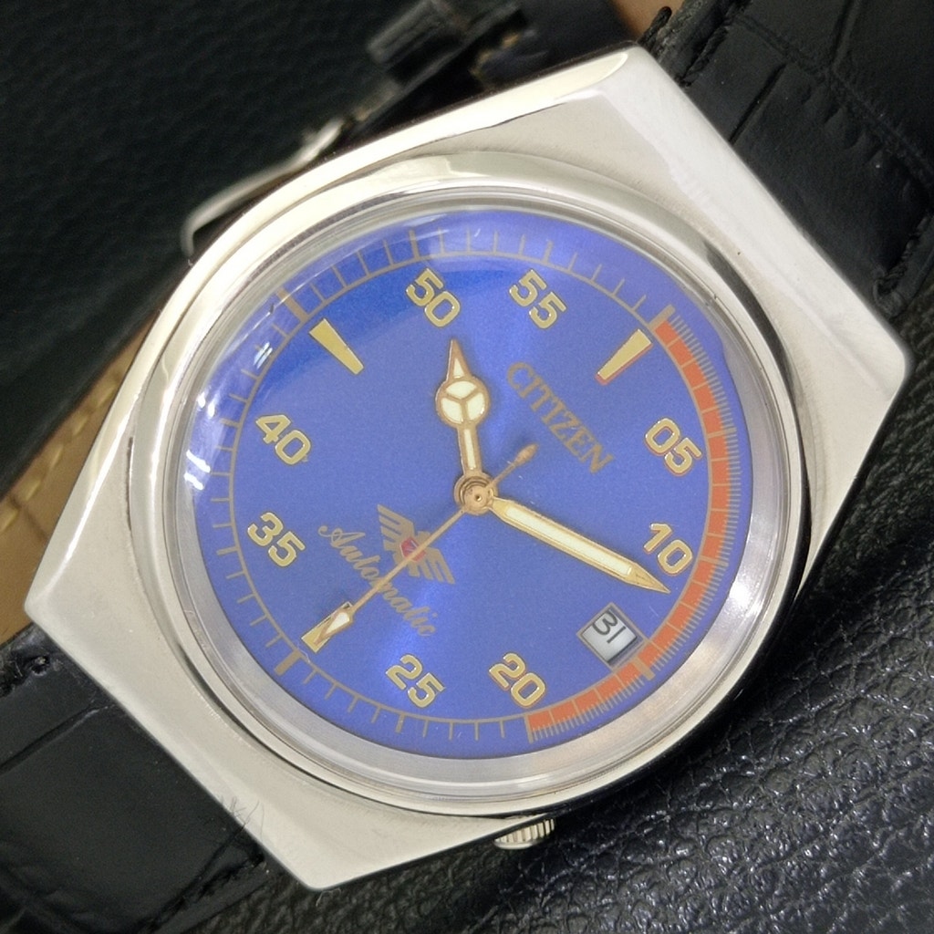 Vintage 1986 Citizen Automatic Mens Silver Watch WDaydate  Blue Accents